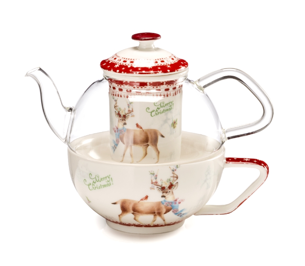 Tea 4 One -Teiera In Vetro Borosilicato Con Filtro In Porcellana e tazza te in porcellana Linea Merry Christmas By Palais Royal