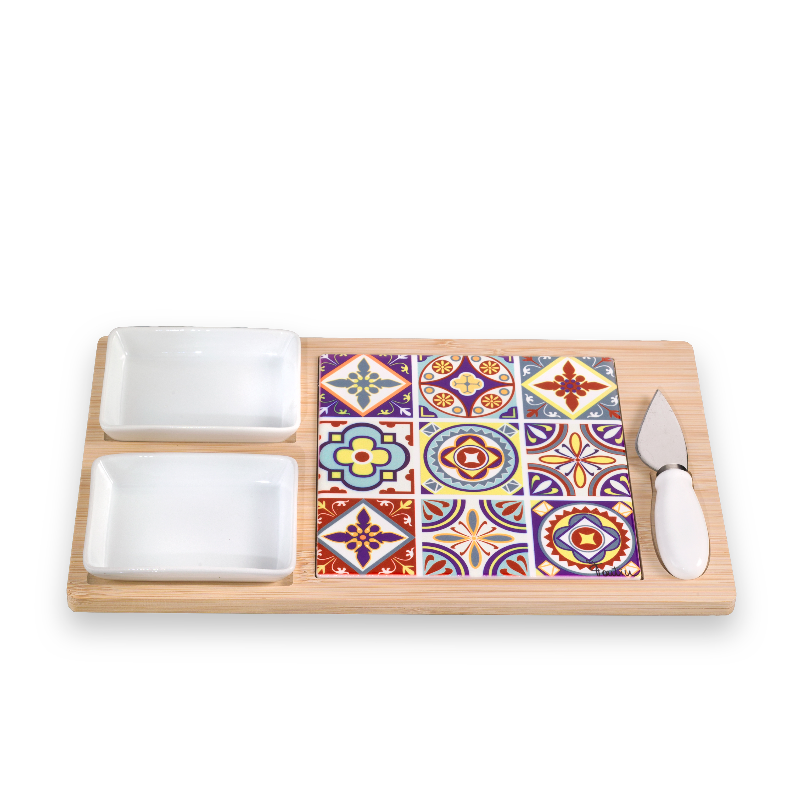Set Tagliere In Ceramica C/Base Legno Maiolica Colorata Cm.31X18
