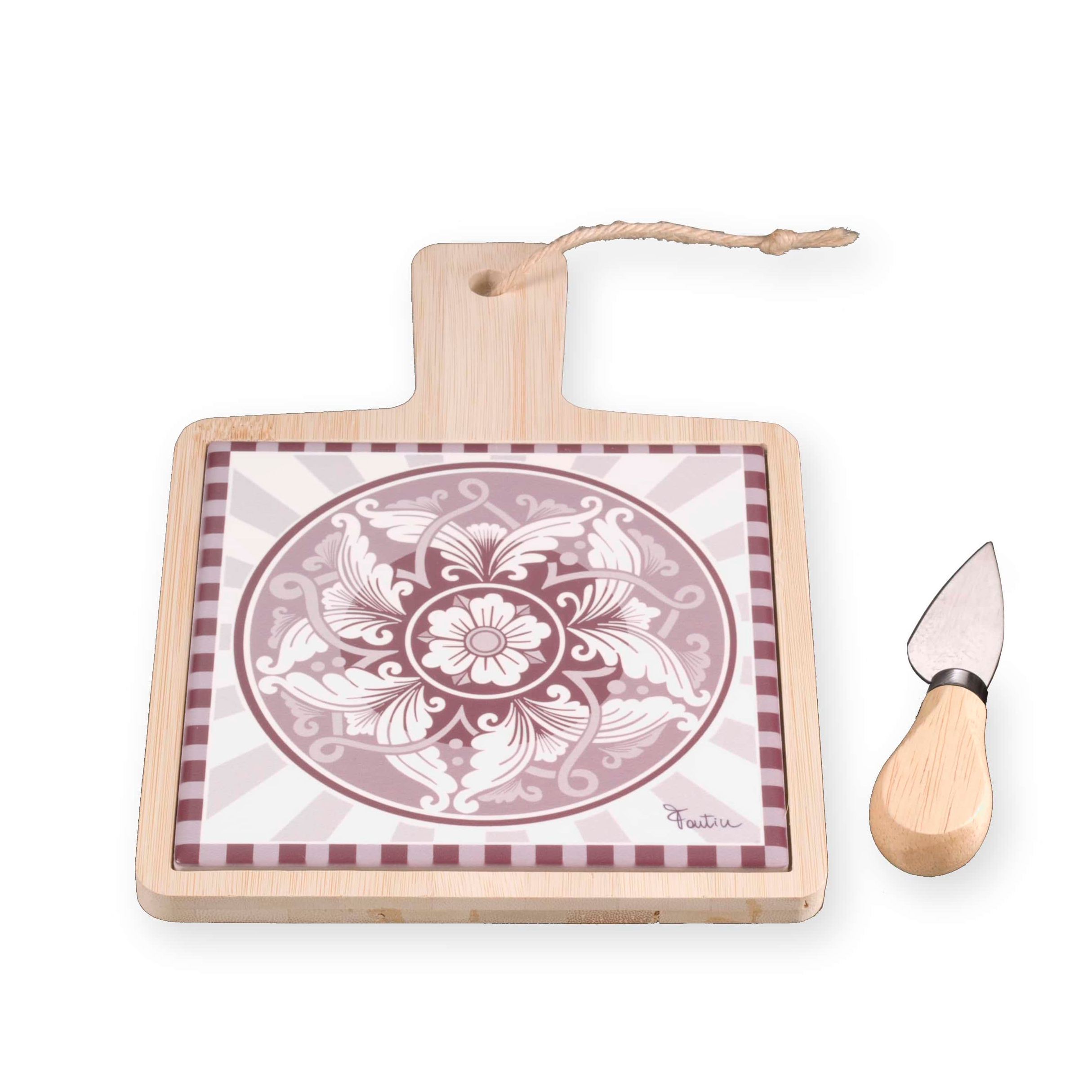 Set Tagliere In Ceramica C/Base Legno Maiolica Cm.24,5X17