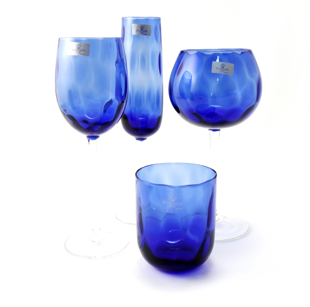 Set 24 Bicchieri (Acqua, Vino Bianco, Rosso, Flute) Blu Soffiati Scherzer